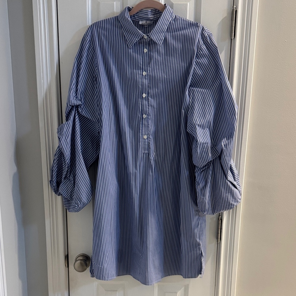 Chloe Kristyn Blue and White Striped Shirt Dress w/ Amazing Sleeves & Side Slits